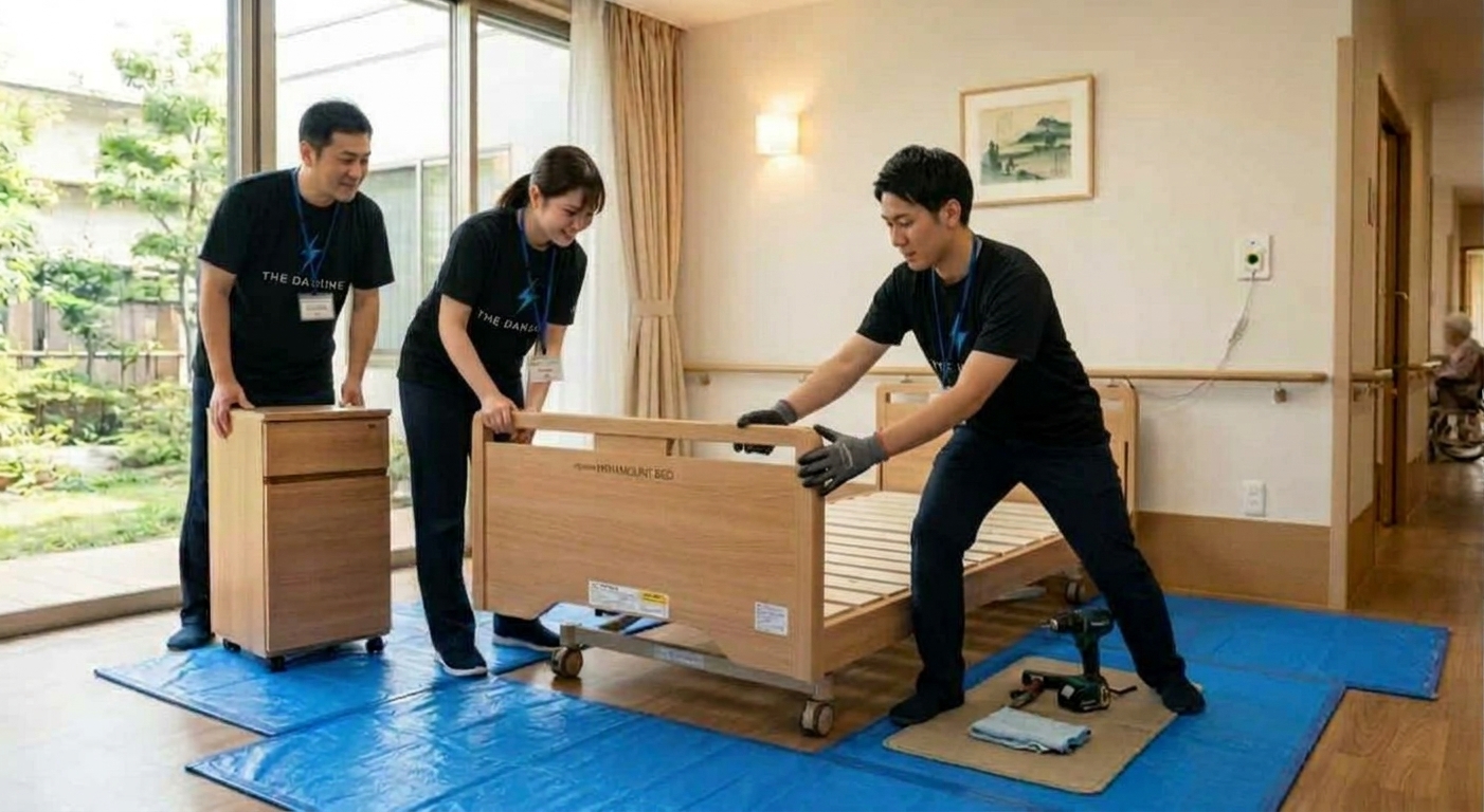 岐阜の介護福祉施設へ大型家具や介護ベッドの配送・組立設置を行う株式会社FORCE ONEの作業風景